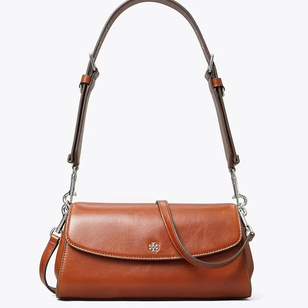 Tory Burch Rory Glazed Flap Shoulder Bag 177319 $625 Aged Brown